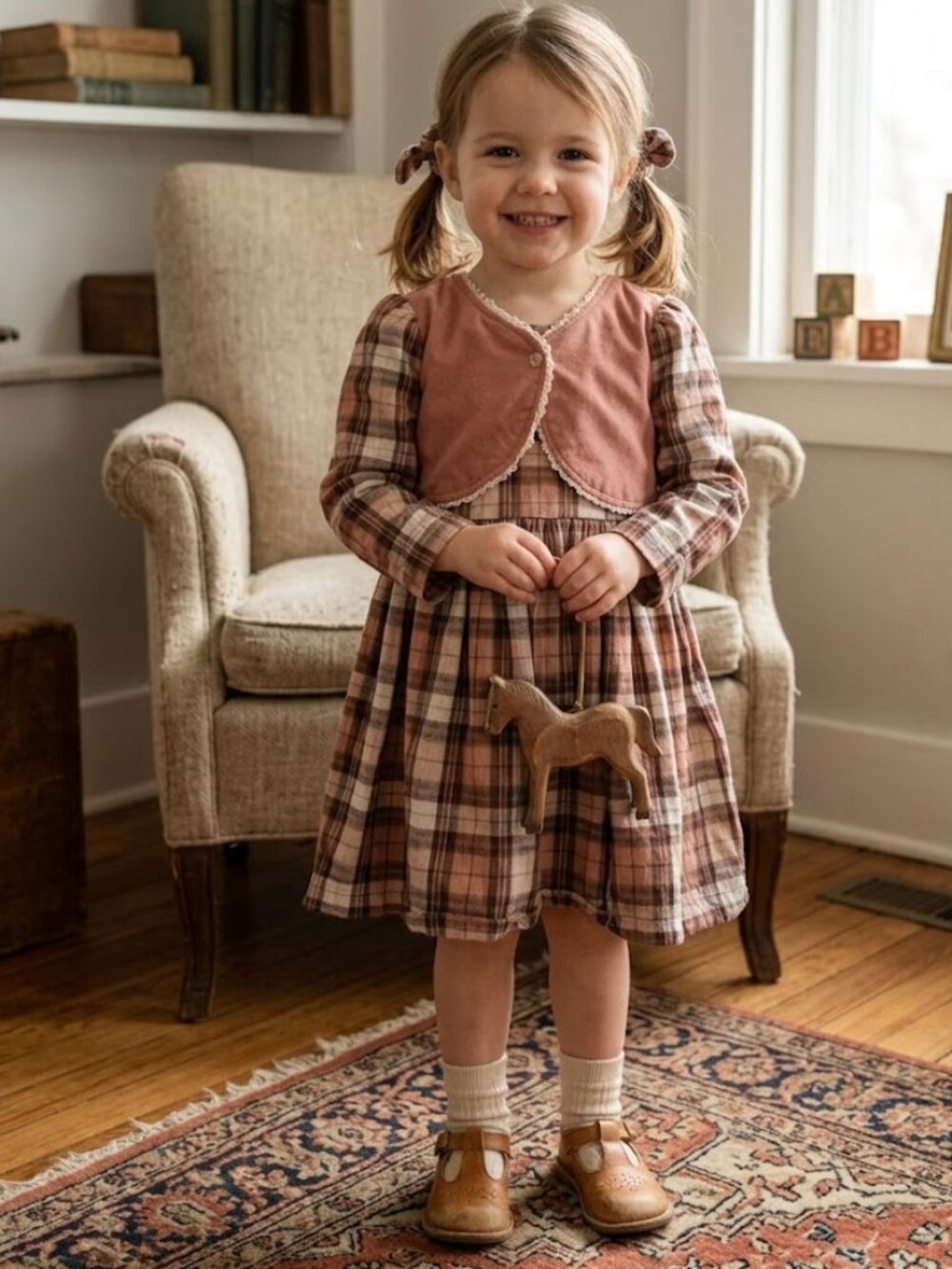 Vintage Handmade Girls Plaid Long Sleeve Dress Pink Brown Cropped Vest Toddler